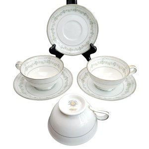 Noritake Norwood Tea Cups and Saucers Set of 3 White Silver Floral Japan Cr157